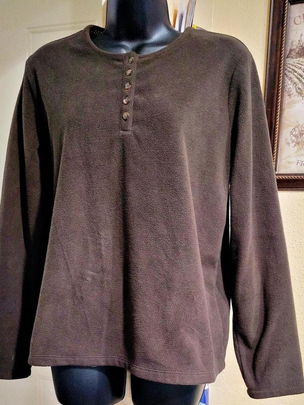 Woman Lands End Brown Long-Sleeve Henley Fleece Pullover